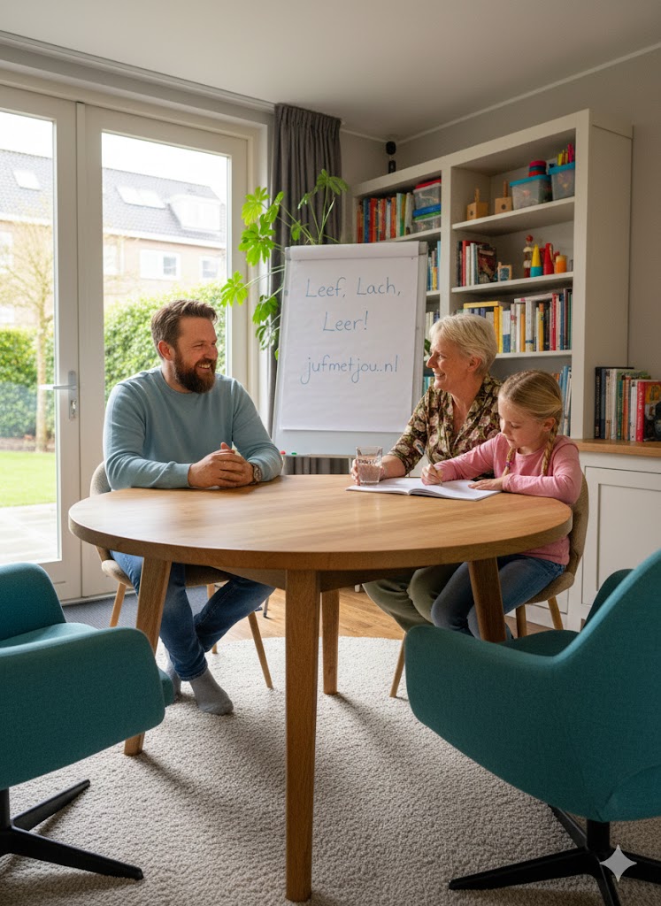 ronde tafel met vader en kind en mij als coach